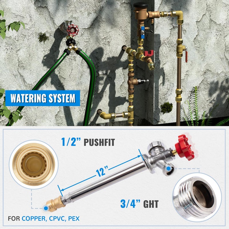 SUNGATOR Frost Free Sillcock, 12" Push Fit Anti-Siphon Hydrant, 3/4-Inch Hose Bibb x 1/2-Inch Push Adapter, No Lead Brass Valve, with 1 Disconnect Clip and 1 Sealing Tape - Image 5